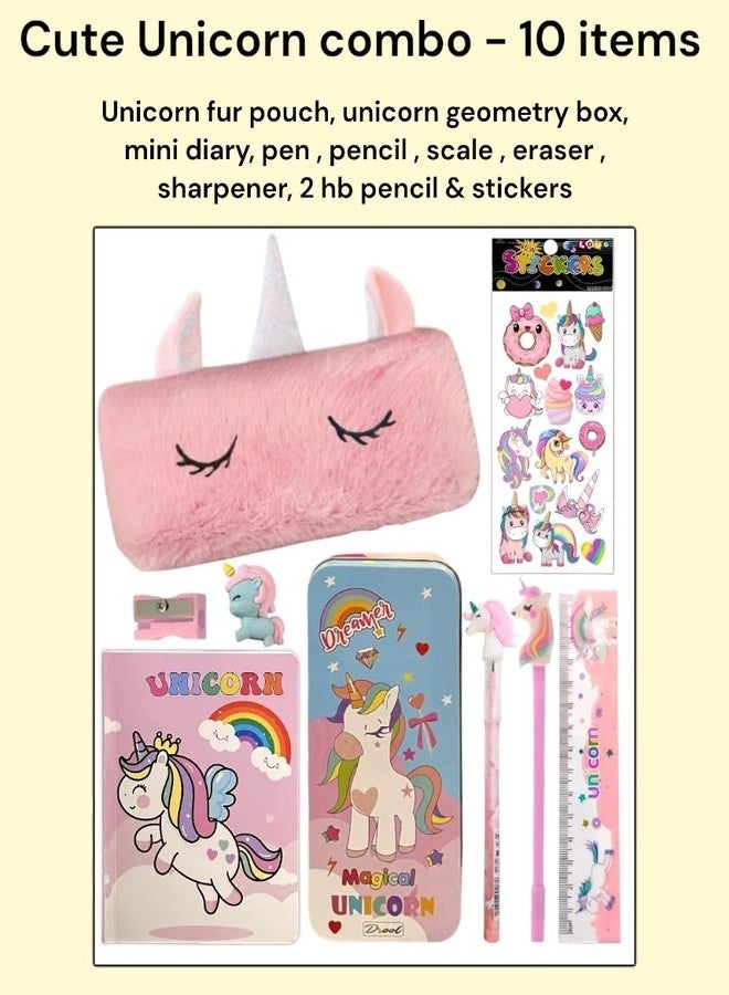 Le Delite Combo Gift Pack of 10 Items diary with fur pouch, geometry box case unicorn Stationery Set for Girls Kids, cute fancy stylish pen pencil & eraser - Image 2